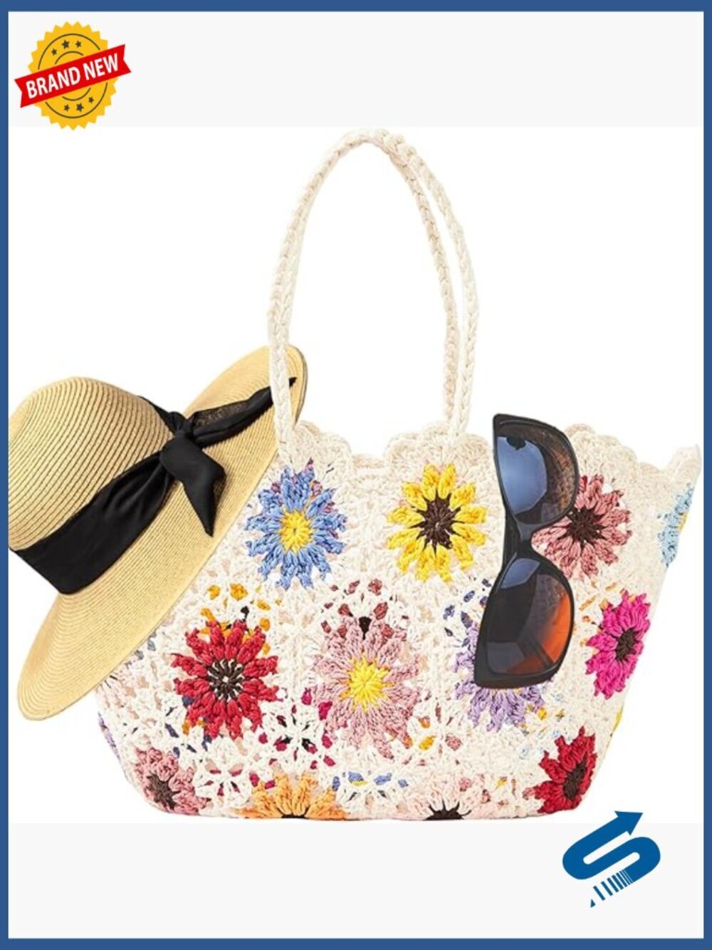 Large Straw Tote Bag with Floral Pattern, Zipper Closure, 3 Compartments